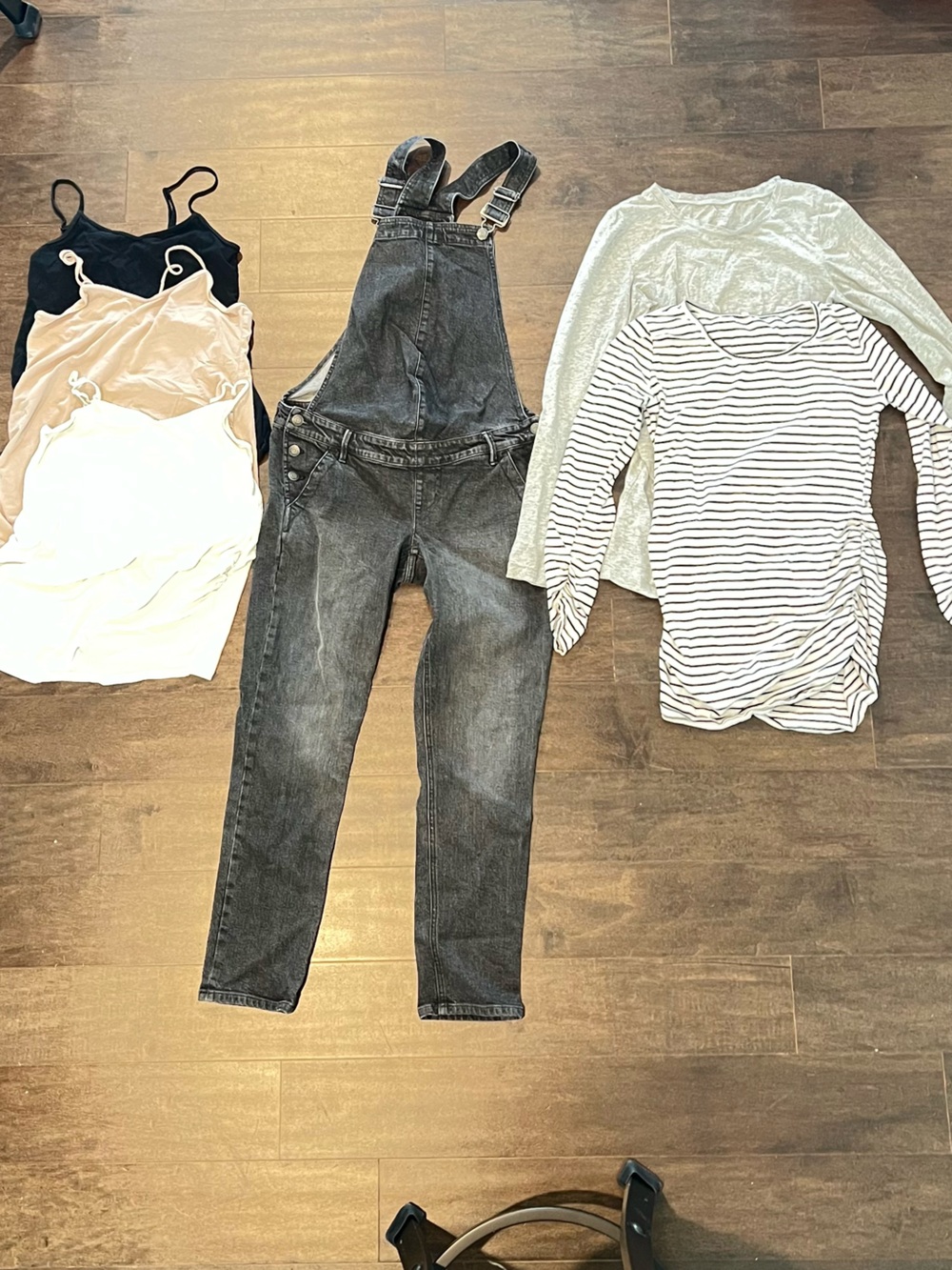 Maternity set - Black Denim Overalls, 2 Long sleeve T-shirts, 3 camisoles